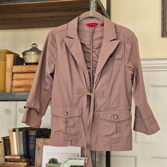 G.I.L.I. stylish khaki Jacket or Blazer with pockets, ruching and tie front. o/s - Picture 1 of 12